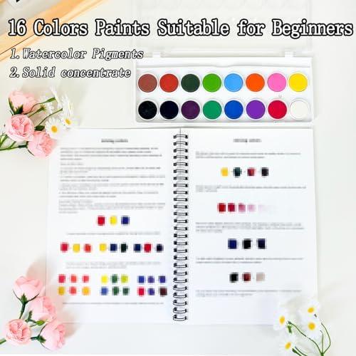 SLWBZ Watercolor Workbook Pink Flowers, 15 Different Patterns of Original DIY Designs, 16 Color Watercolor Paint Plates with Palette and Brush, Beginner-Friendly Watercolor Workbooks, Pink Hydrangea - Image 5
