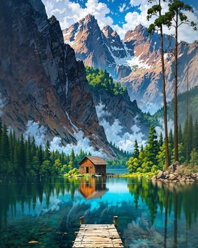 GEEHEIY Paint by Numbers Kit for Adults, Mountain Lake Cabin, 16 x 20 Inch by GEEHEIY