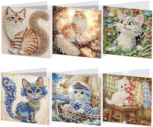 Artiphile DIY Pearl Art Painting Greeting Card Set Crafts Decor 6-Piece Foldable Cards Kit with Envelopes and Tools for Holiday Wishes Adult Crafting Project-Cat by Artiphile