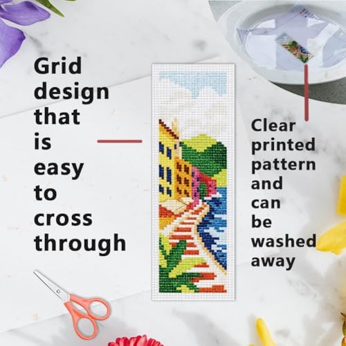 INFUNLY 6pcs Scenery Cross Stitch Bookmark Kit DIY Beach Stamped Embroidery Bookmark Kits 8.7×3.2" Mountain Needlepoint Kit with Instruction Town Easy Cross Stitch Kits for Book Lovers Readers - Image 3