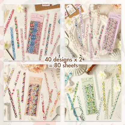 80 Pcs Vintage Botanical PET Flower Stickers Pack, Long Strip Transparent Floral & Green Leaf Borders for Scrapbooking, Aesthetic Nature Journaling Supplies for Card Making, DIY Crafts, Planner - Image 5