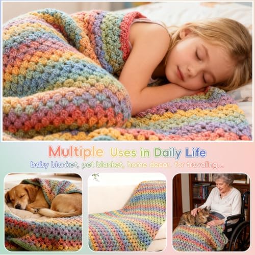 Aeelike Crochet Blanket Kit for Beginner, Easy Crochet Kits, Rainbow Gradient - Image 6
