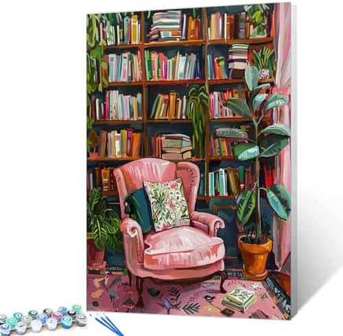 Bookshelf Book Theme Pink Library Paint by Numbers Kits for Adult Vintage Paint by Numbers Boho Painting Kits on Canvas with Brushes and Acrylic Pigment for Home Wall Without Framed 16''W x 20''H by Aihonmin