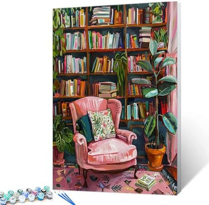 Bookshelf Book Theme Pink Library Paint by Numbers Kits for Adult Vintage Paint by Numbers Boho Painting Kits on Canvas with Brushes and Acrylic Pigment for Home Wall Without Framed 16''W x 20''H by Aihonmin