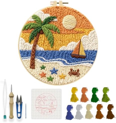 INFUNLY Sea Beach Punch Needle Kits for Adults Beginners Coconut Trees Needle Embroidery Starter Kit Boats DIY Punch Needles Kit with Instruction Needles Fabric for Art Crafts Festival Gift Home Decor by INFUNLY