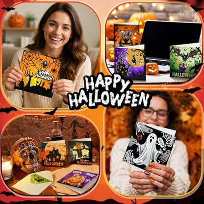 Saillong 12 Pack Halloween Diamond Painting Greeting Card Kits DIY Diamond Art Cards with Envelopes Bat Black Cat Pumpkin 5D Rhinestones Painting for Adults DIY Craft Family Friend Halloween Gifts - Image 6
