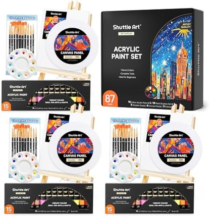 Shuttle Art 87 Pack Acrylic Painting Kit, Paint Kit with 3 Packs 15-Color Acrylic Paint, 3 Wooden Easels, Canvas, Brushes & Palettes, Art Painting Supplies for Adults, Kids & Beginners by ShuttleArt