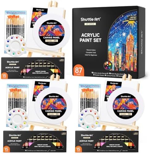 Shuttle Art 87 Pack Acrylic Painting Kit, Paint Kit with 3 Packs 15-Color Acrylic Paint, 3 Wooden Easels, Canvas, Brushes & Palettes, Art Painting Supplies for Adults, Kids & Beginners by ShuttleArt