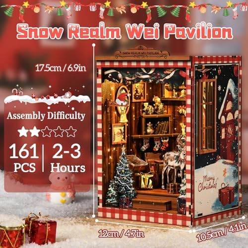 DIY Mini Book Nook Kit, Snow Realm Wei Pavilion 3D Wooden Puzzle with LED Lights, Christmas Themed Bookshelf Decor, 161 Pcs Adult Craft Model for Home & Gift - Image 3