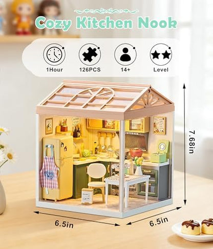 Cozy Modern Kitchen DIY Miniature House Kit for Adults, 3D Dollhouse with LED Light & Dustproof Door, Stackable Connectable Display Case, Creative Gift for Cooking Lovers Teens Women - Image 2