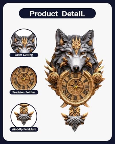 3D Wooden Puzzles for Adults Gray Wolf Design Clock Model Kit with Pendulum - Image 5