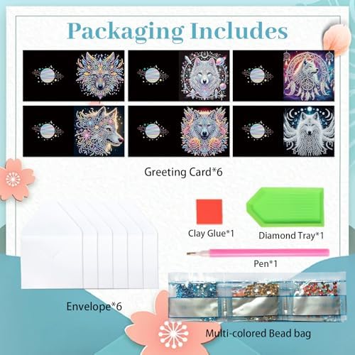6pcs 5D DIY Diamond Painting Kit Greeting Card, Dreamcatcher Wolf Head Diamond Handmade Greeting Card with Envelope, Holiday Gift Congratulations - Image 3