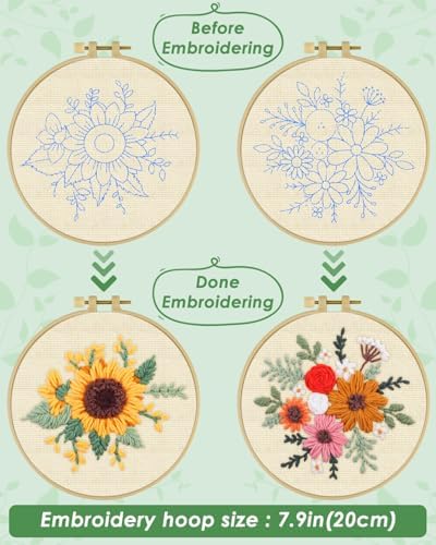 ERKOON Punch Needle Kit Adults Beginners, 2 Pcs DIY Easy Flower Embroidery Set for Starter Art Craft, Needling Punching Project with Patterns, Tools, Yarns, Hoop, Instruction (Colorful Flowers) - Image 3