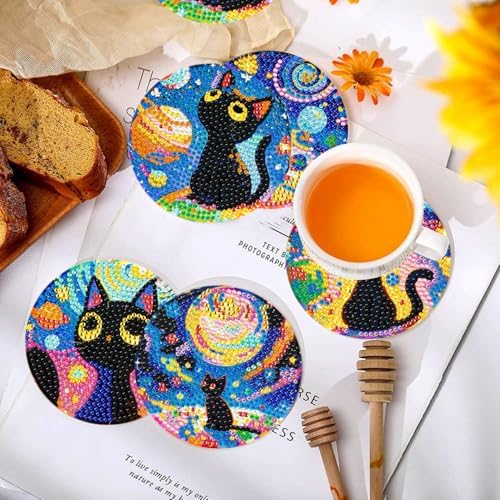 10 PCS Black Cat Diamond Art Coasters Kit with Holder for Adults - Image 4