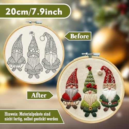 RUIQLXHANG Christmas Embroidery Kit - Christmas Gnomes Embroidery Kits for Beginners with Pattern, Cotton Threads, Needles, Instruction, 20cm Hoop, Gift for Mom, Grandma - Image 2