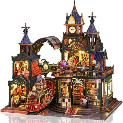 SUNNINO DIY Miniature Dollhouse Kit, Steampunk Train Station Book Nook Kit by SUNNINO