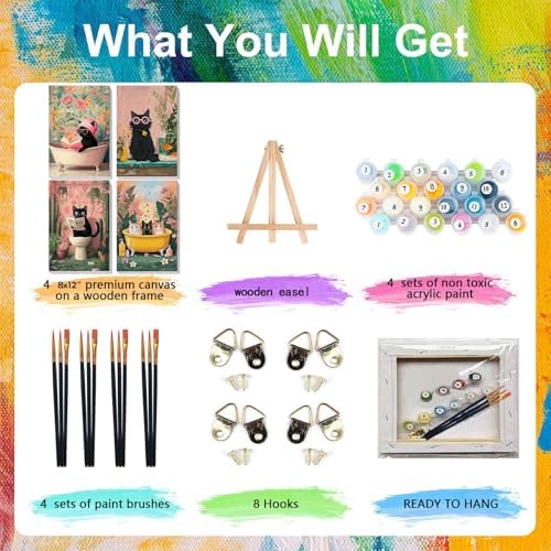 4 Pack Cat Paint by Numbers for Adults with Framed Canvas - Wooden Easel - Image 4