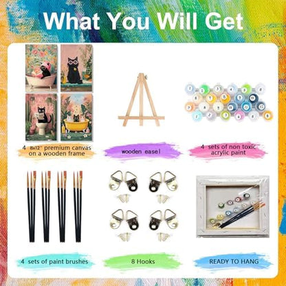 4 Pack Cat Paint by Numbers for Adults with Framed Canvas - Wooden Easel - Image 4