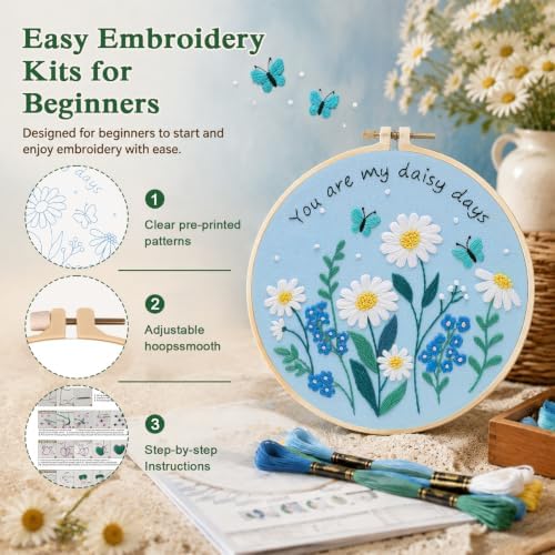Louise Maelys Daisy Quote Embroidery Kit for Beginners, Blue Floral Craft - Image 5