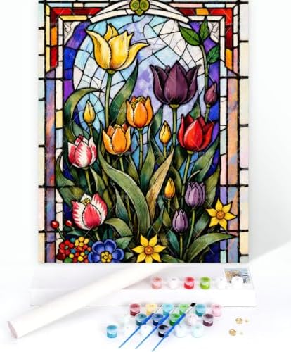 Sceorixa Floral Paint By Numbers Kit for Adults - DIY Stained Glass Tulips Painting On Canvas, Acrylic Paint Set, Suitable for Beginners, Wall Decor Art for Home Decoration Or Gifts(16X20IN Framed) - Image 3