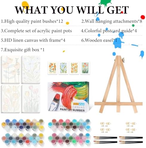 4 Pack Framed Paint by Numbers Kit for Adults Flowers with Wooden Easel - Image 4