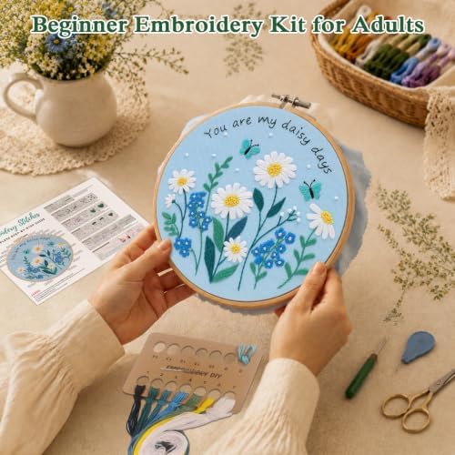 Louise Maelys Daisy Quote Embroidery Kit for Beginners, Blue Floral Craft - Image 2