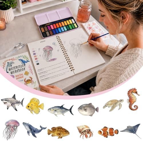 Watercolor Workbook - Water Coloring Book Set for Adults and Beginners, Water Colors Book 14 Ocean Animal 24 Color Watercolor Paint, 3 Brush Pens, 300g Watercolor Paper Gift for Art Lovers - Image 2