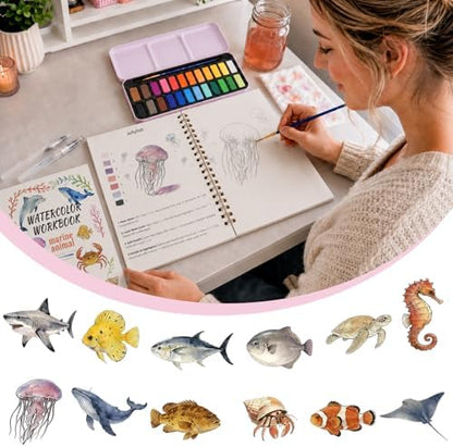 Watercolor Workbook - Water Coloring Book Set for Adults and Beginners, Water Colors Book 14 Ocean Animal 24 Color Watercolor Paint, 3 Brush Pens, 300g Watercolor Paper Gift for Art Lovers - Image 2
