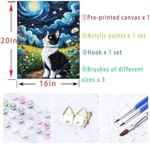 Lovepefe Starry Night Paint by Numbers Kit for Adults Beginner Cat Oil Painting Kit Adult Paint by Number Kits on Canvas DIY Painting for Beginners Art by Numbers for Gifts Home Wall Decor 16x20 Inch - Image 5