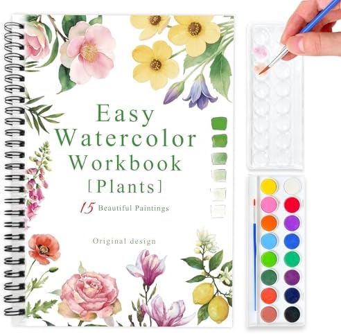 SLWBZ Watercolor Workbook Flower Plants, 15 Different Patterns of Original DIY Designs, 16 Color Watercolor Paint Plates with Palette and Brush, Beginner-Friendly Watercolor Workbooks, Plants by Unknown