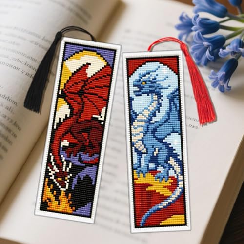 ACRNIGHEET 6PCS Cross Stitch Bookmark Kit for Beginner Dragon Stamped Cross Stitch Kits Needlepoint Kit for Adults DIY Tassel Embroidery Bookmark Kits with Instructions Craft Gift 8.5''x3'' 11CT - Image 6