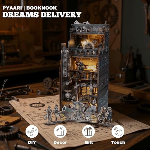 Dreams Delivery Book Nook Kit, Pirate Ship 172-Piece DIY LED Miniature House Kit, 3D Wooden Puzzle BookNook Kit for Adults, Home Model Building Kit for Book Lovers & Beginners, Bookshelf Decor - Image 2