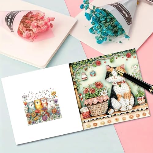 ARTopet 6Pcs Folding Greeting Card Diamond Art Painting Thank You Blessing Cards with White Envelope Rhinestones Painted Making Kits for Adults DIY Craft Holiday Gift-Cat01 - Image 3