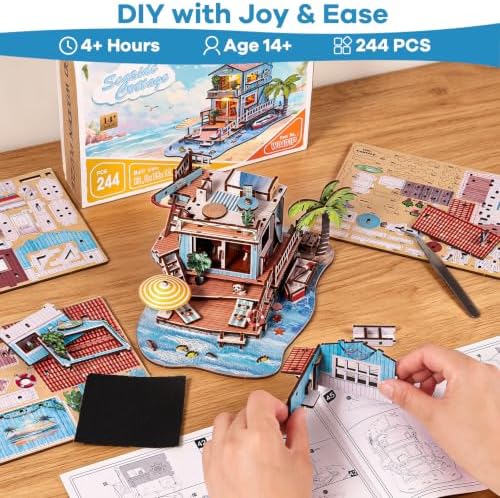 3D Wooden Puzzle Seaside Cottage DIY Miniature Building Kit with LED Lights - Wooden Beach Vacation Craft Model Rural Coastal Home Décor for Adults - Image 4