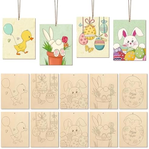 COCHIE 10 Pieces Large Easter Unfinished Wood Crafts to Paint for Adults, Bulk Predrilled Wooden Ornaments for Painting, Bunny Duck Eggs Paintable Wood Slices Craft Supplies with Ropes by COCHIE