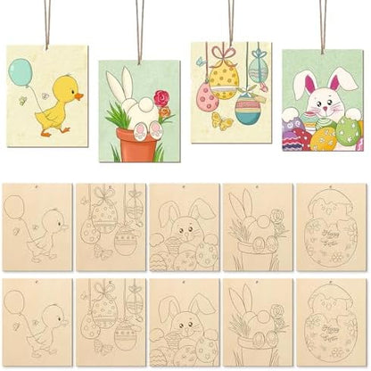 COCHIE 10 Pieces Large Easter Unfinished Wood Crafts to Paint for Adults, Bulk Predrilled Wooden Ornaments for Painting, Bunny Duck Eggs Paintable Wood Slices Craft Supplies with Ropes by COCHIE