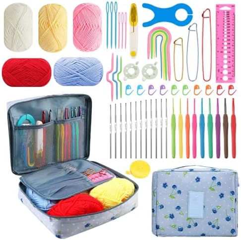 HATINXIA 58pcs Crochet Kit Beginners, Crochet Hook Set with Yarn, Portable Crocheting Kit for Starter, Ergonomic Crochet Needles Tools DIY Knitting Accessories for Experienced Crochet Lovers, Cheery by HATINXIA
