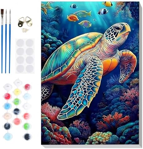 Bowetile Framed Paint by Numbers Sea Turtle for Adults Beginners, Adults' Paint-by-Number Kits, Easy Adult Paint by Number Kits on Canvas, Acrylic Animals Number Painting for Home Decor, 8x12in by BOWETILE