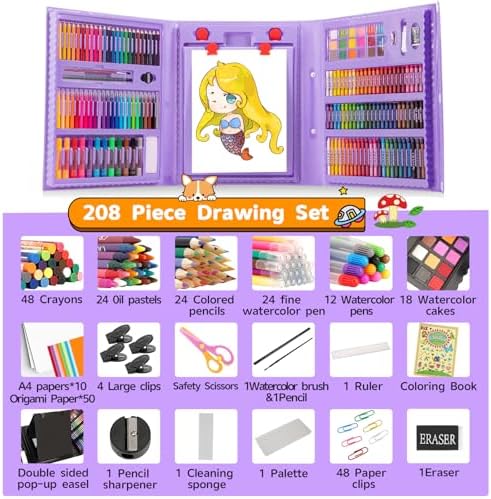 208 PCS Art Supplies,Drawing Art Kit Painting Art Set for Kids Girls Boys Artist, Gift Box with Trifold Easel, Includes Pastels, Crayons, Colored Pencils, Coloring Book, Scissors, Origami Paper 40 Sh. - Image 2