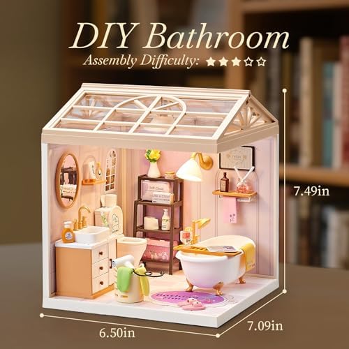 DIY Miniature Bathroom Kit with 101Pcs, 1:24 Scale Dollhouse Furniture with LED Light, Realistic Accessories & Connectable Base for Adults & Kids 8+ - Image 2