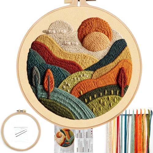 FONNUY Embroidery Kit for Beginners, Textured Vibrant Nature Landscape Pre-Stamped Pattern Kits for Adults with Hoop, Easy to Follow Color Thread Needlework, 8'' Hoop (Green 2) by FONNUY