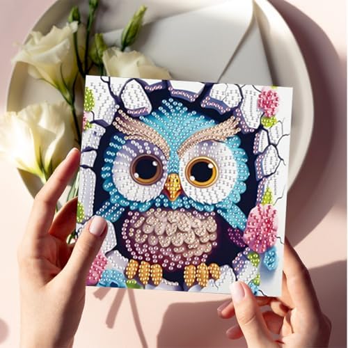 jinglinhh 6pcs Owls Flower Cats Diamond Art Painting Greeting Cards with Envelopes, DIY Card Making Kits for Adults, Diamond Art Postcards Holiday Cards Craft Gifts - Image 7