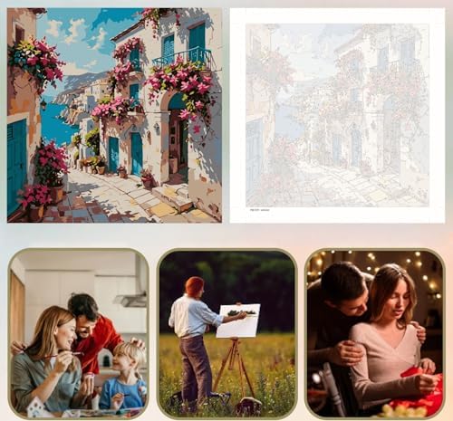 5DDIYART Flowers Scenery Town Paint by Numbers for Adults Beginner, Paint by Number Kits on Canvas, Paint by Easy Acrylic Painting Home Wall Decor 15.7x15.7 inch - Image 6