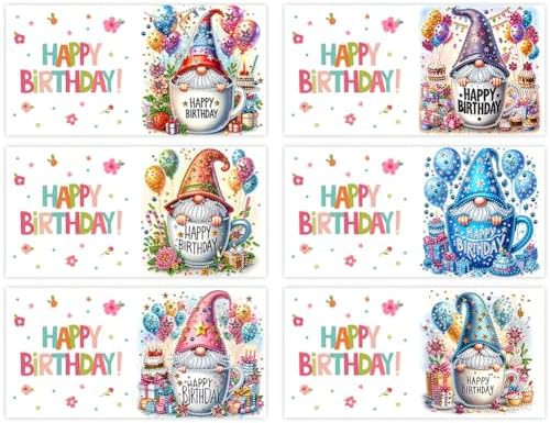 6 Pack 5D DIY Diamond Painting Birthday Gnome Greeting Card Kit, Diamond Art Christmas Birthday Holiday Greeting Card, Art Crafts Kit Creative with Envelope - Image 2