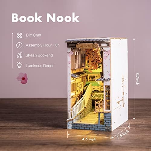 ROBOTIME DIY Book Nook Kit DIY Miniature Dollhouse Booknook Kit 3D Wooden Puzzle with LED Light,Decorative Bookend Bookshelf Insert Decor for Teens and Adults (Sakura Tram) - Image 6