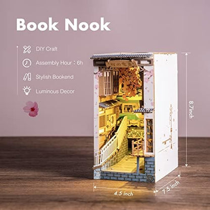 ROBOTIME DIY Book Nook Kit DIY Miniature Dollhouse Booknook Kit 3D Wooden Puzzle with LED Light,Decorative Bookend Bookshelf Insert Decor for Teens and Adults (Sakura Tram) - Image 6