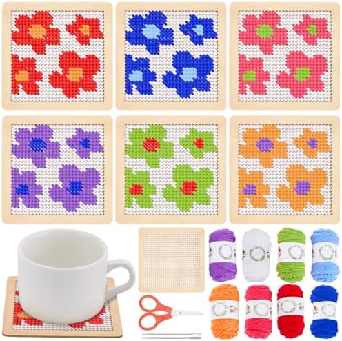 INFUNLY 6pcs DIY Flower Coaster Needlepoint Kit for Beginners 3.94"×3.94" Floral Coaster Needlepoints Kit with Instruction Embroidery Set Pre-Printed Pattern for Embroidery Craft Amateurs by INFUNLY