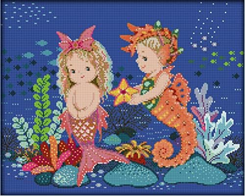 Howie's Needlepoint Cross Stitch Kits, 14CT Pre-Printed Pattern Needlepoint Kits, Full Range of Stamped Starter Kits (Girl and Sea Horse, 17.3 x 14.2 Inch) by HowiesNeedlepoint