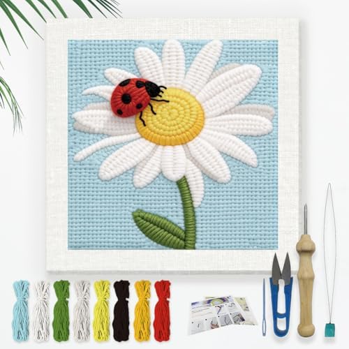 Doodlream Daisy Ladybug Needle Kit for Beginner, 9.4"x 9.4" Flower Punch Stitching Craft Set, DIY Embroidery Starter with Printed Frame, Instruction, Threader, Yarn, Pinch Needle by Doodlream