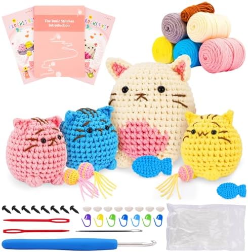 Crochet Kit for Beginners - Learn to Crochet 4 Adorable Cat Amigurumi with Step-by-Step Video Tutorial and Easy Peasy Yarn, Complete Starter Kit for Adults Kids, DIY Craft Gift for Birthday Christmas by Unknown